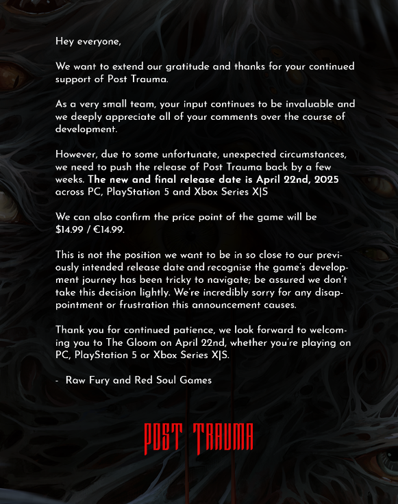生存恐怖游戏《Post Trauma》发售日延期至4月22日