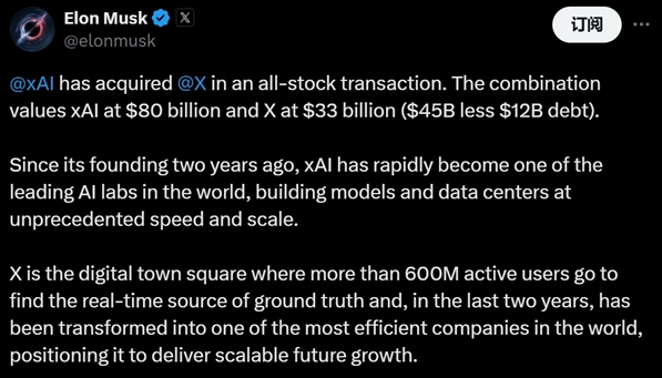 马斯克宣布xAI收购X平台 合并估值达1130亿美元